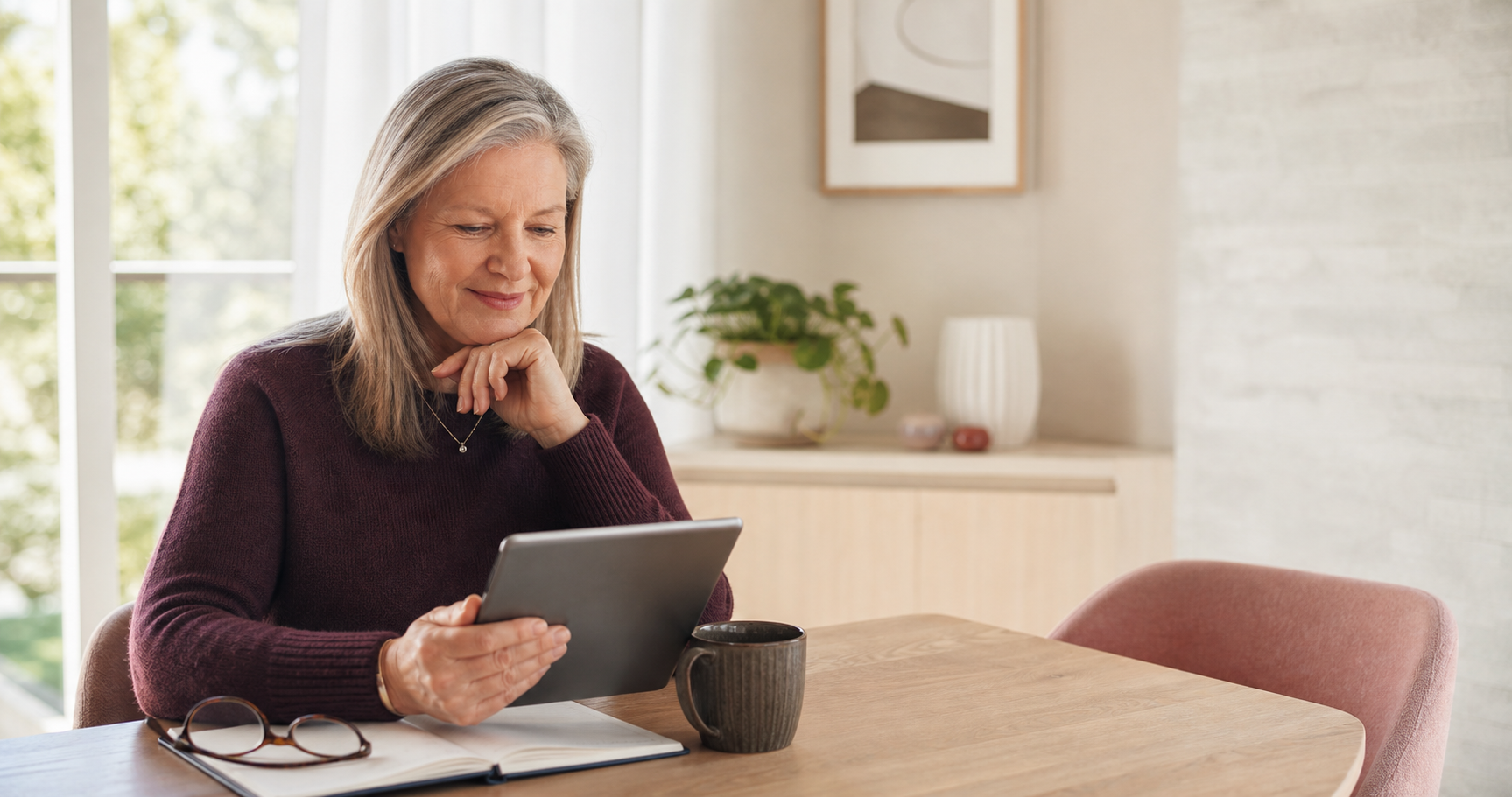 A woman confidently reviewing her investment plan